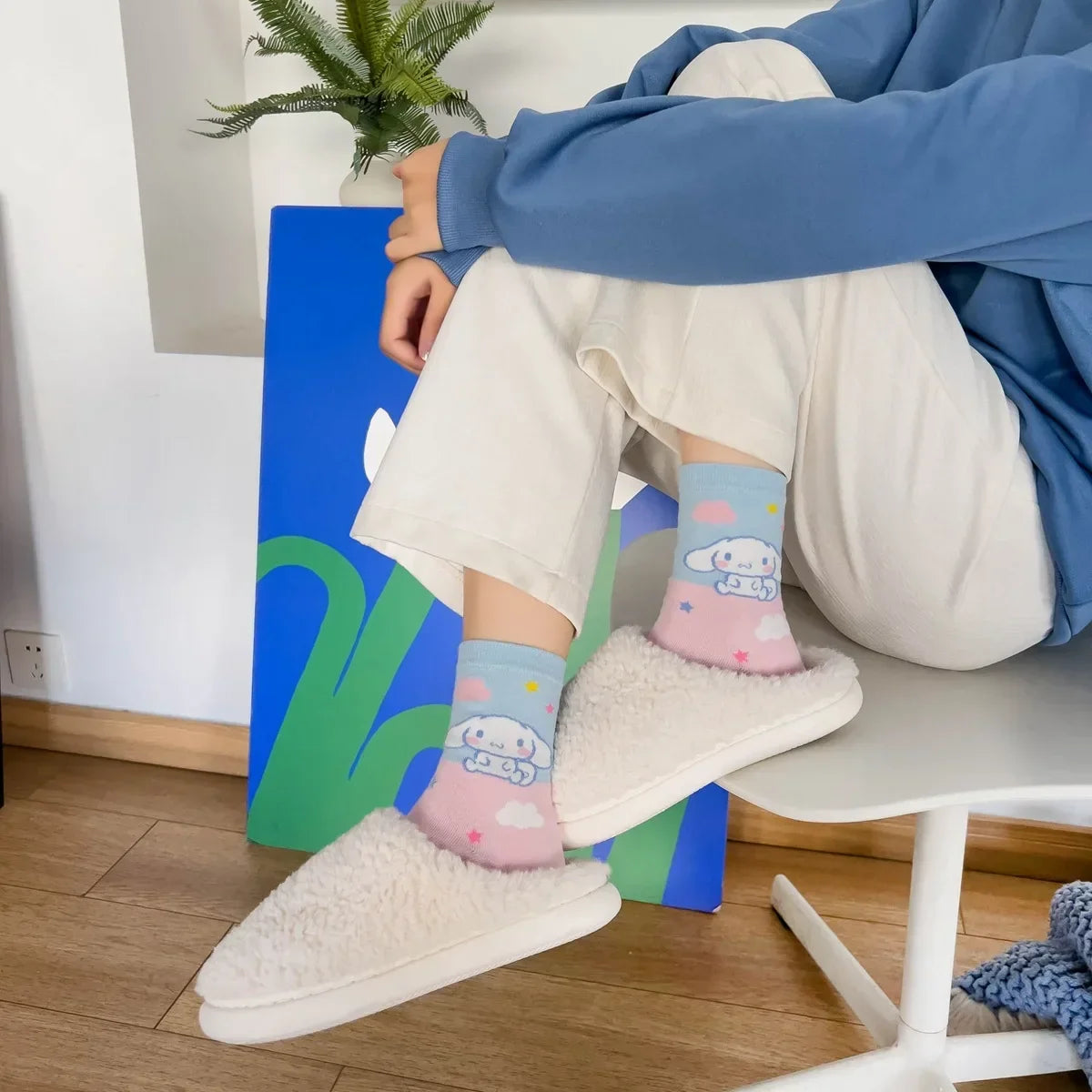 1pair Miniso Cinnamoroll Cartoon socks girl's blue combed cotton mid-tube stockings cute sanrio puppy stockings