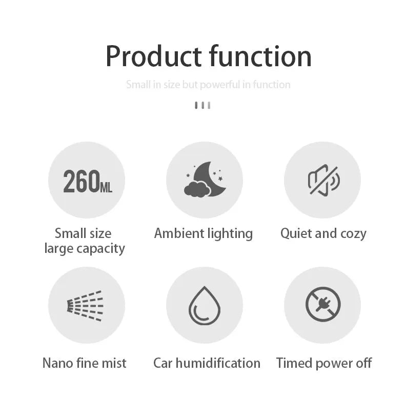 LED Light Aromatherapy Machine Humidifier Diffuser for Car Small Air Humidification Home and Bedroom Big Spray 260ml