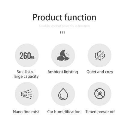LED Light Aromatherapy Machine Humidifier Diffuser for Car Small Air Humidification Home and Bedroom Big Spray 260ml