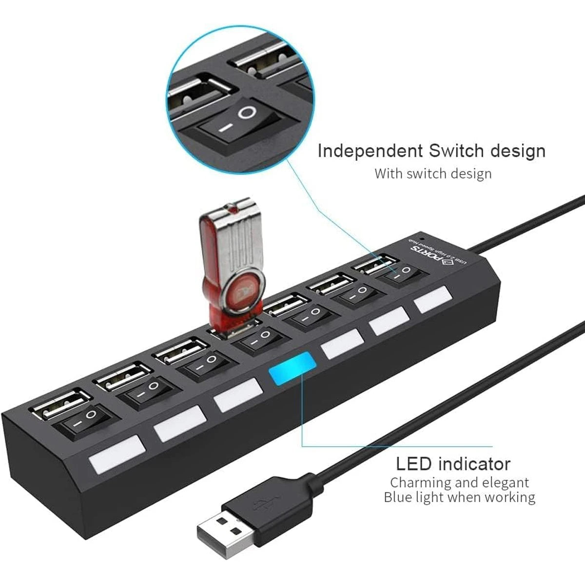 Hochgeschwindigkeits-USB-2.0-Hub mit 7 Ports, Adapter, Multi-USB-Splitter und Mehrfach-Extender mit LED-Lampenschalter für PC und Laptop