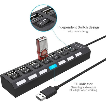 Hochgeschwindigkeits-USB-2.0-Hub mit 7 Ports, Adapter, Multi-USB-Splitter und Mehrfach-Extender mit LED-Lampenschalter für PC und Laptop