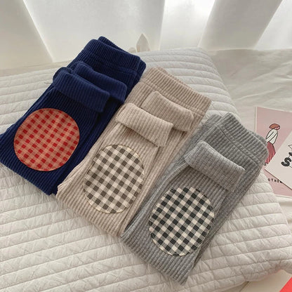Kids Colorful Plaid Patched Feature Design Cute Warm Long Leggings Suitable Little Baby Trendy and Comfortable Clothing Matching