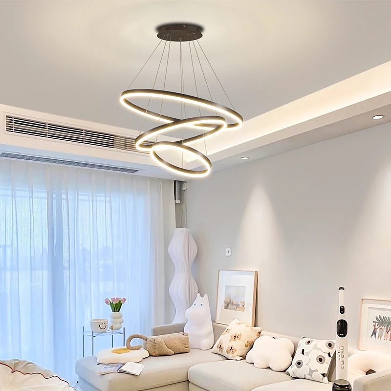 KOMORE Modern 3 Ring Aluminum Round Hanging LED Pendant Light Stepless Dimming & Cool White for Kitchen Living Room Hallway