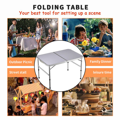 Picnic Folding Table Aluminium Foldable Adjustable Portable White Camping Table with Carrying Handle 90x60x37/67cm