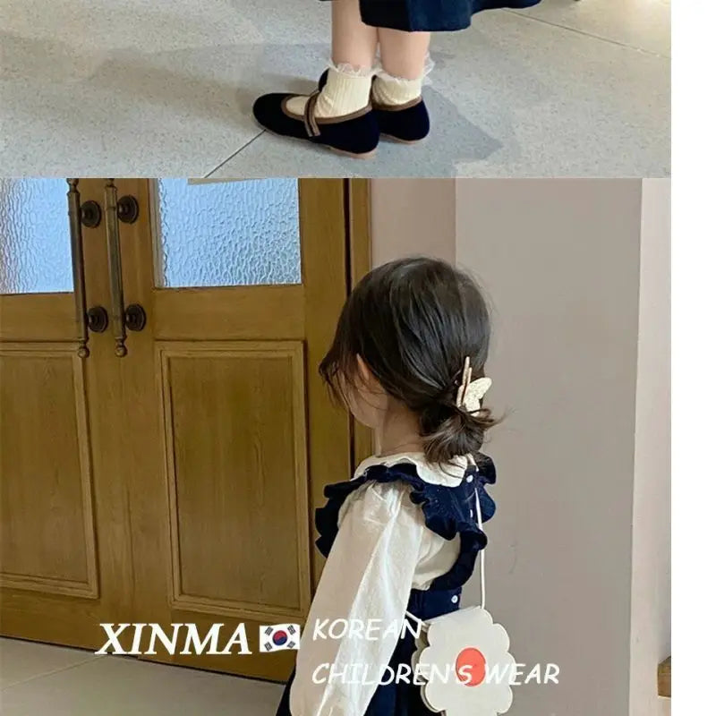 Girls Embroidered Corduroy Dress Set - Premium 2-Piece Doll Collar Shirt & Strap Skirt Outfit