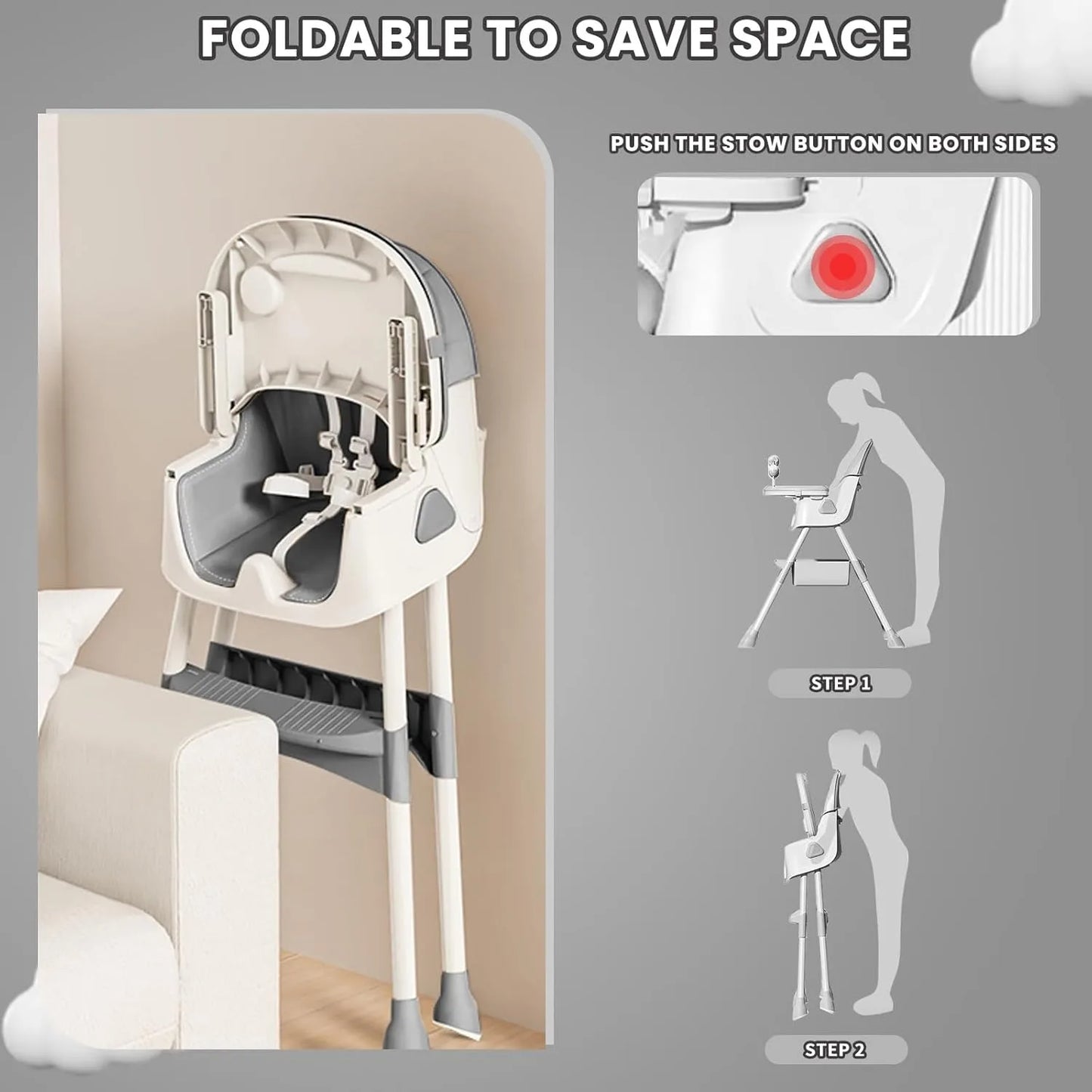 3-in-1 Baby HighChair, Foldable Portable Baby Dining Chairs Eat & Play Convertible High Chair with Double-Layer Dinner Plate