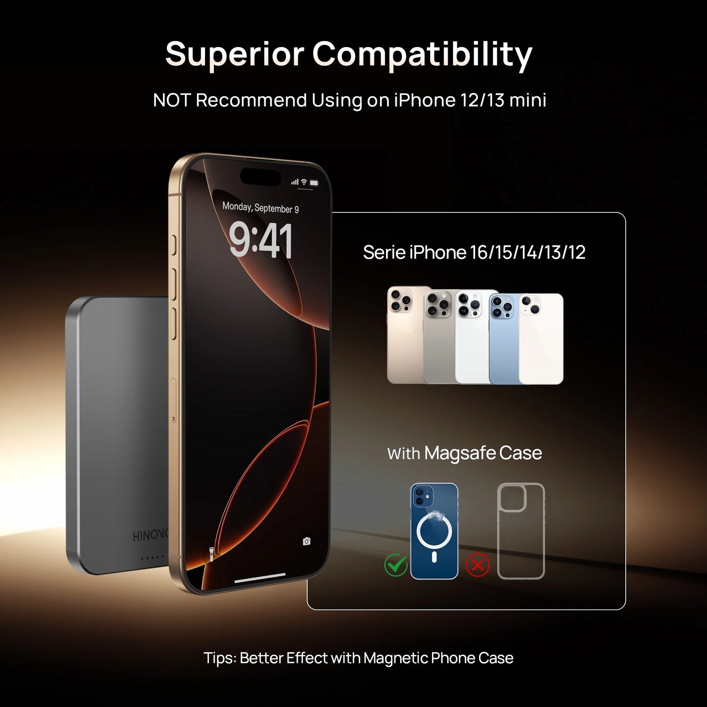 HINOVO Tragbares Ladegerät 5000mAh Magnetische Powerbank für iPhone 16 15 14 13 12 Akkupack 0,35" PD 20W 15W Kabelloses Laden