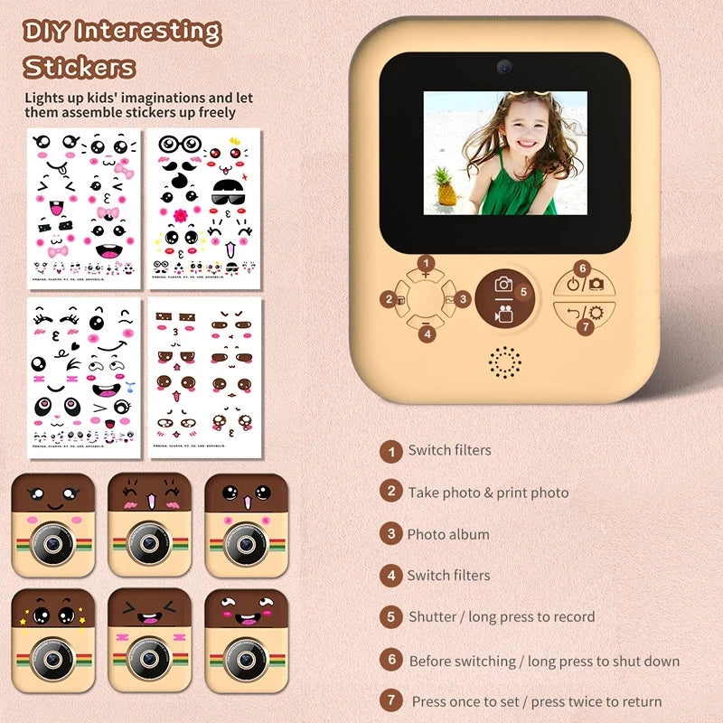 Children Camera Instant Print CP08 Dual Lens Kids Photo Printing Camera HD Video Recording with Thermal Paper Educational Toys
