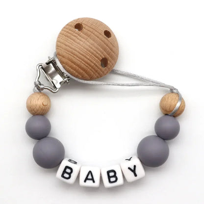 NEW Custom Personalized Name Pacifier Clip Handmade Beech Wooden Chain Silicone Crown Holder Soother Baby Teething Toy Chew Gift