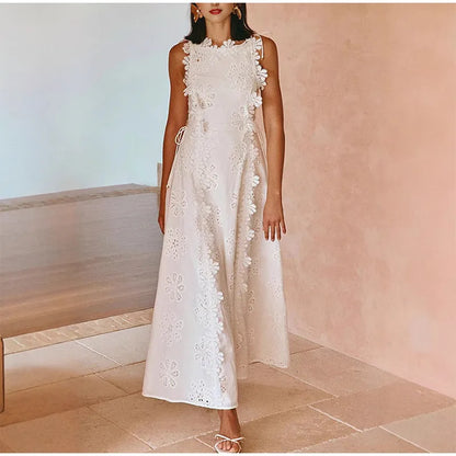 Embroidery Flower Patchwork Long Dress For Women Round Neck Sleeveless Lace Up High Waist Spliced Slim Dresses 2025 Summer New