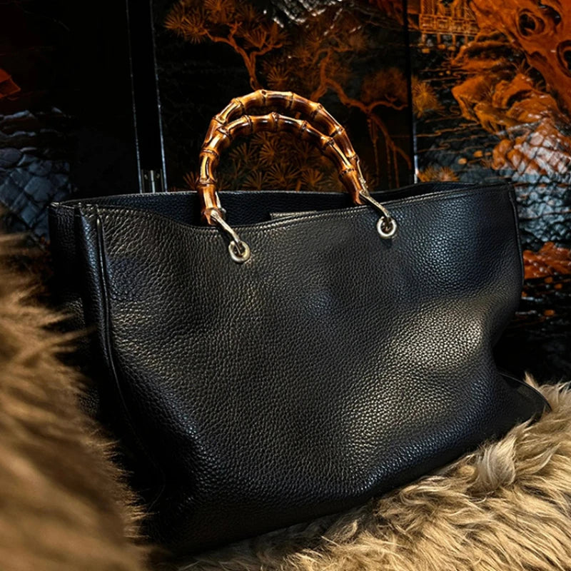 Large Capacity Black Tote Bag Women High Quality Soft Comfortable Leather Bamboo Handle Handbag Minimalist Fashion Female Bags