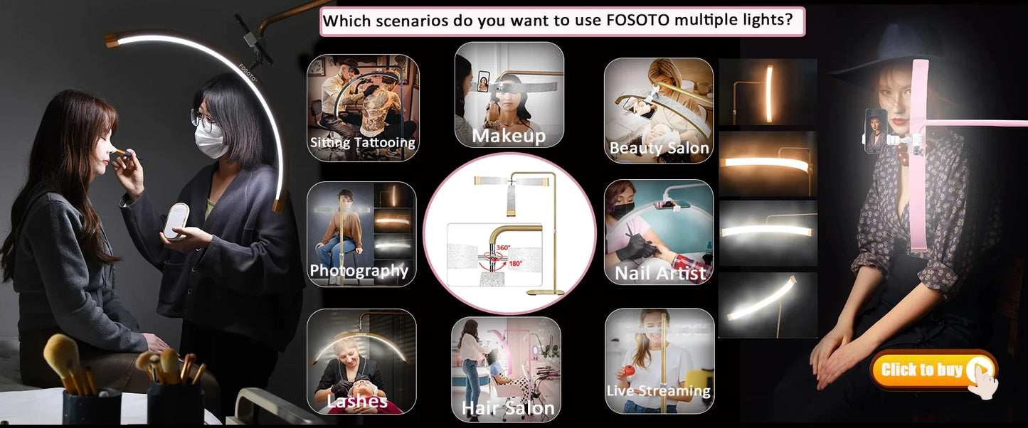 Fosoto Multifunctional Half Moon Lamp Video Ring Lash Light For Beauty Facials Salon Tatoo Live Stream Photography Photo TikTok