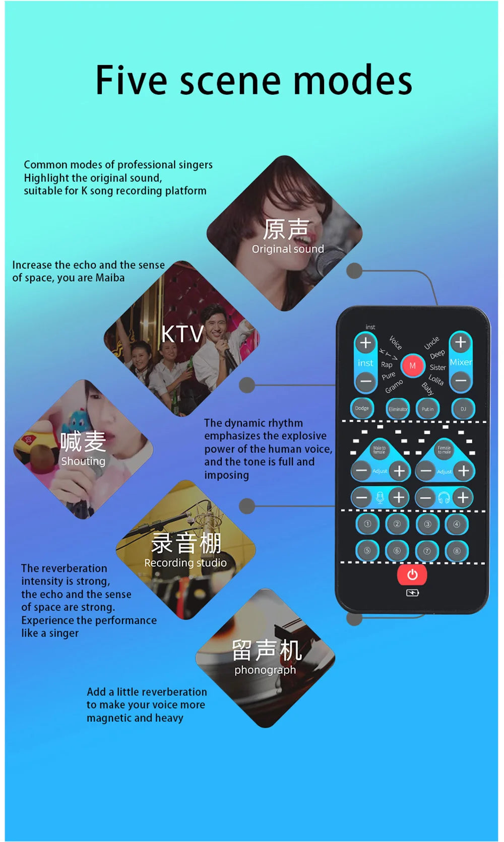 M10 Voice Changer Device Karaoke Function Male Female Voice Switch Universal Portable Sound Changer Card Fine Tuning for Live