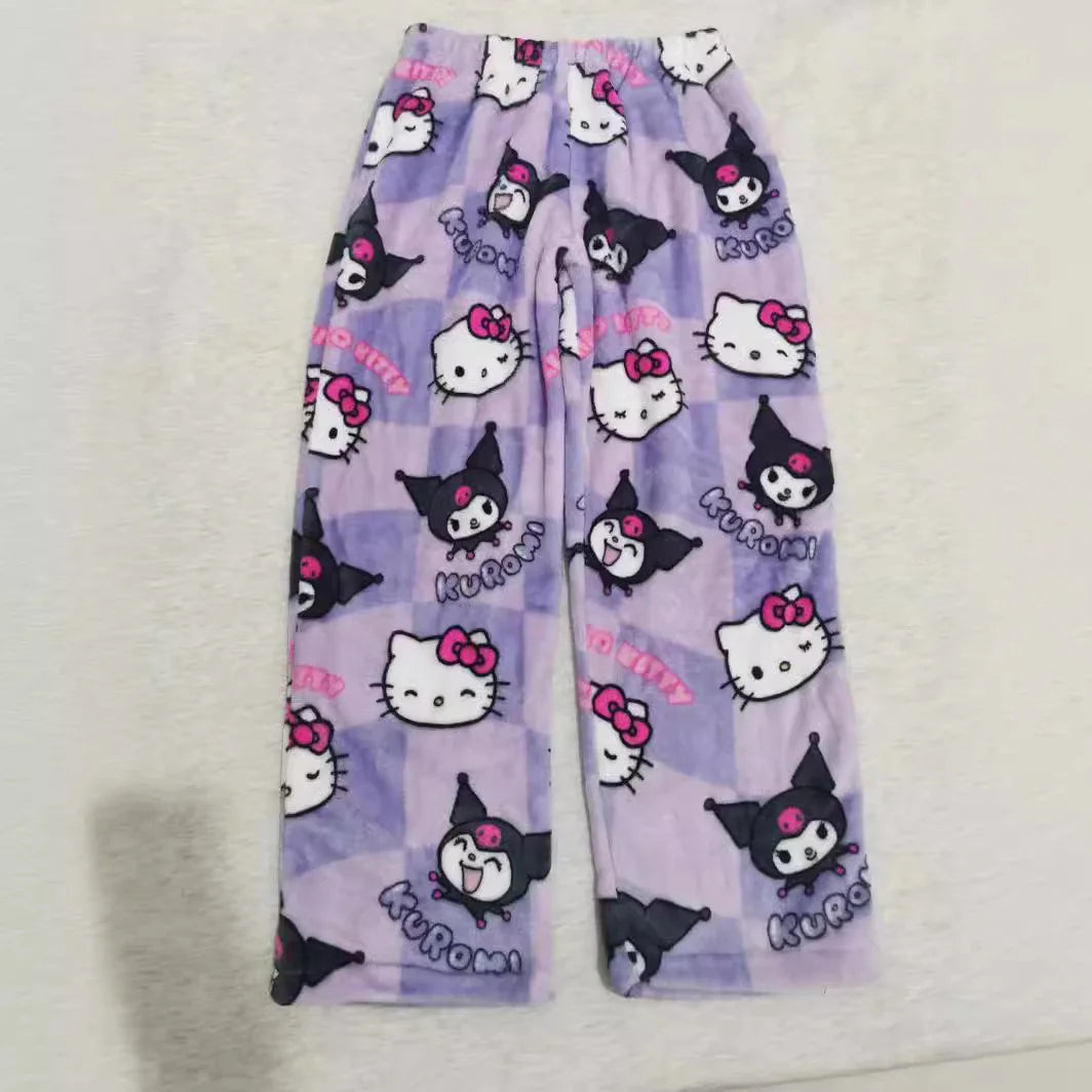 Halloween Cartoon Hello Kitty Flannel Pajamas Women's Autumn and Winter Plus Velvet Warm Casual Home Graffiti Pants