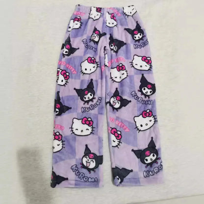 Halloween Cartoon Hello Kitty Flannel Pajamas Women's Autumn and Winter Plus Velvet Warm Casual Home Graffiti Pants