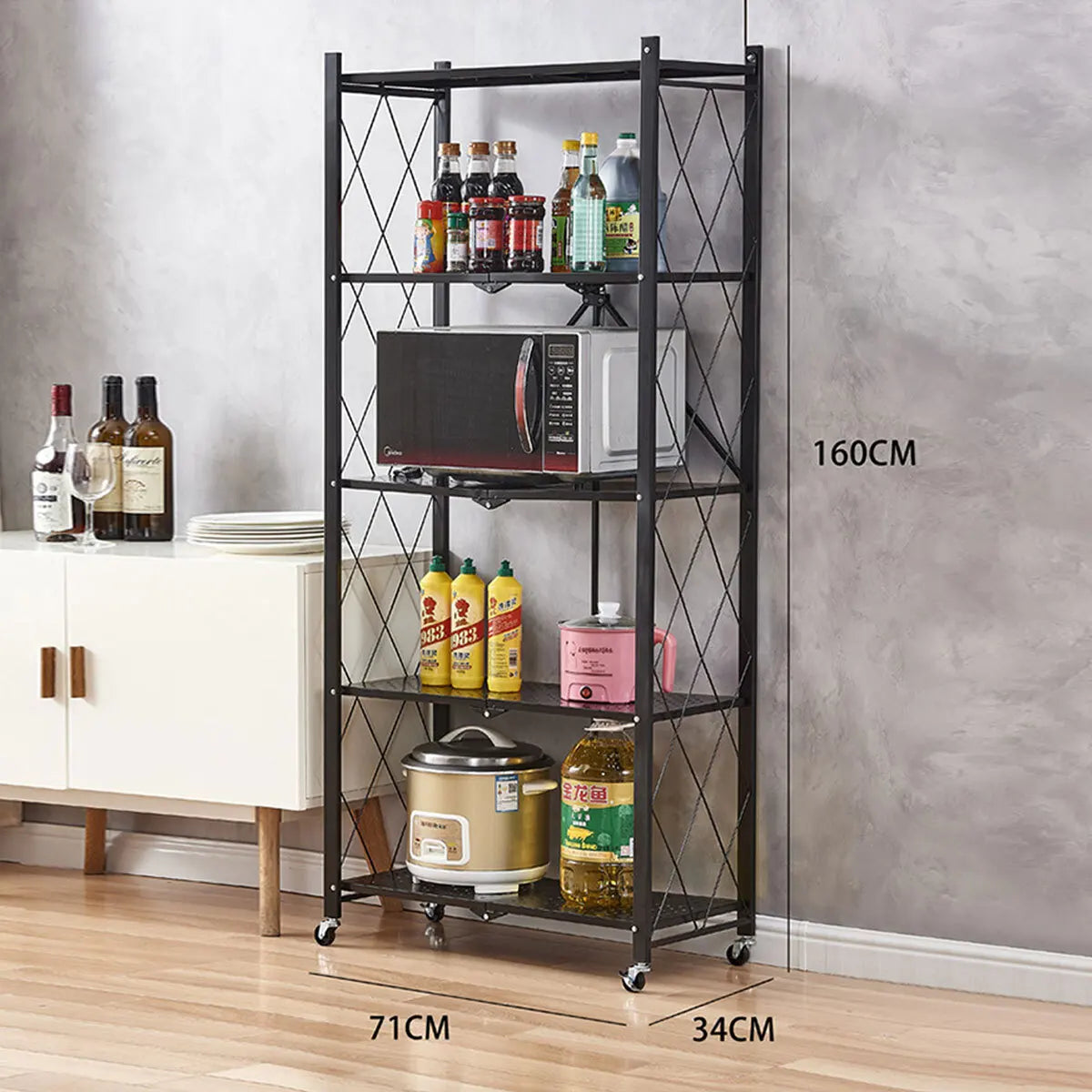 Folding Trolley Cart Shelf Storage Rack Rolling Office Wheels Metal 3/4/5 Tier