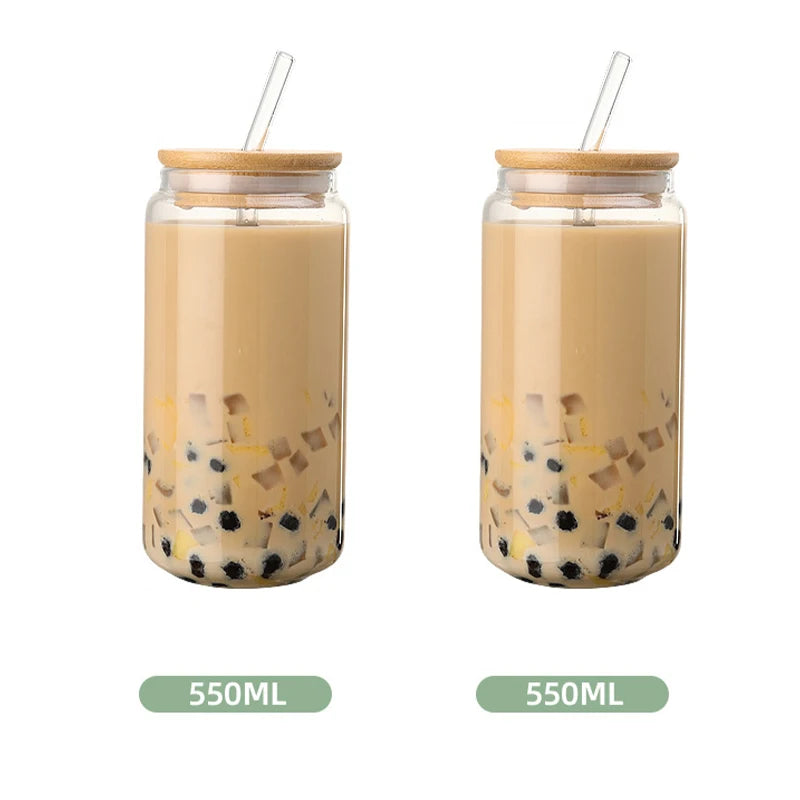 Glass Straw Cup with Dustproof Wooden Lid Heat-resisting Transparent Glass Bottle Breakfast Cola Milk Drinking Cups Holiday Gift