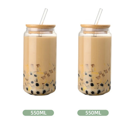 Glass Straw Cup with Dustproof Wooden Lid Heat-resisting Transparent Glass Bottle Breakfast Cola Milk Drinking Cups Holiday Gift