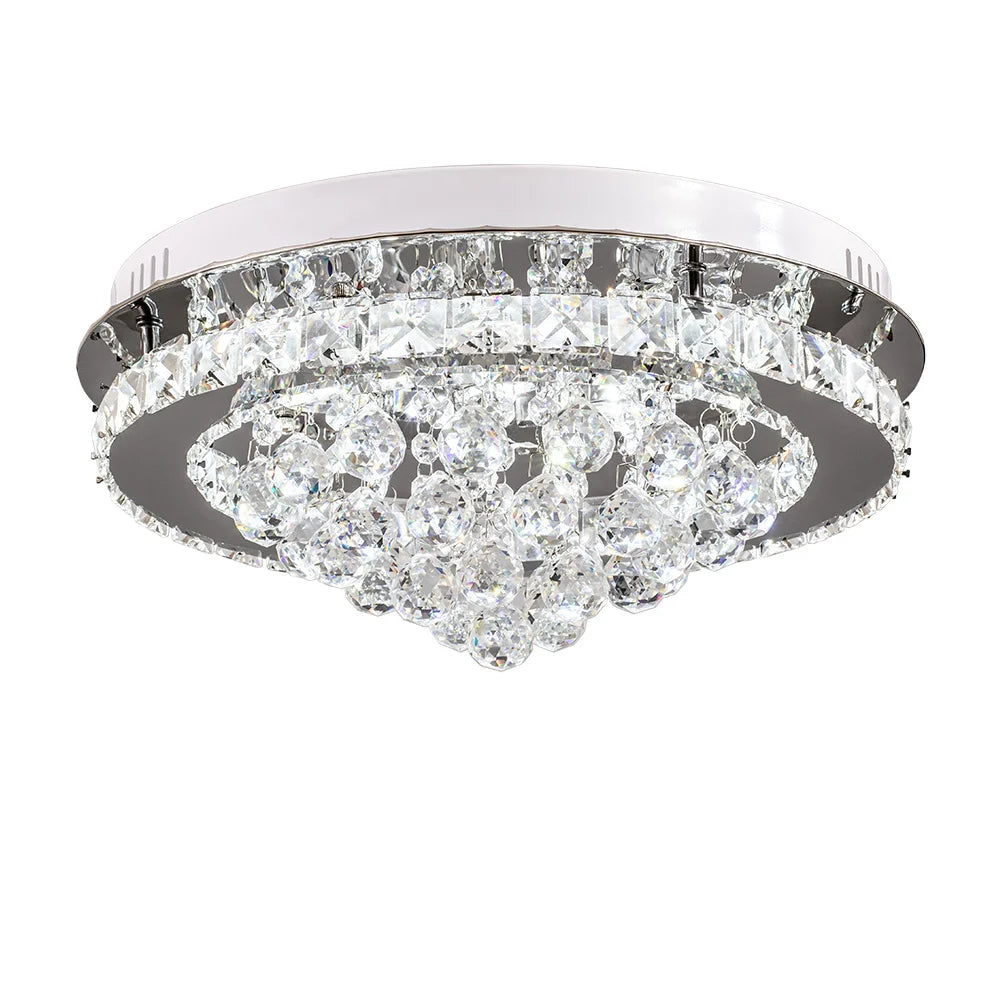 KOMORE Round Crystal-droplets LED Semi Flush Mount Ceiling Light, 36 W Polished Chrome Cool White / Stepless Dimming
