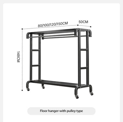 Movable Coat Rack With Universal Wheels Multifunctional Double-deck Simple Clothes Hanger Floor-Standing Bedroom Wardrobe