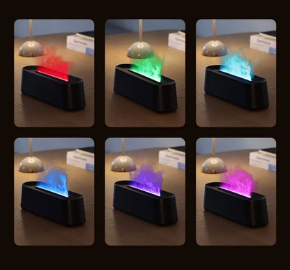 Luftbefeuchter mit Flammen-Aromatherapie-Diffusor, der ätherische Öle in 7 Farben aufnehmen kann, mit Timer und USB-Anschluss für den Schreibtisch.