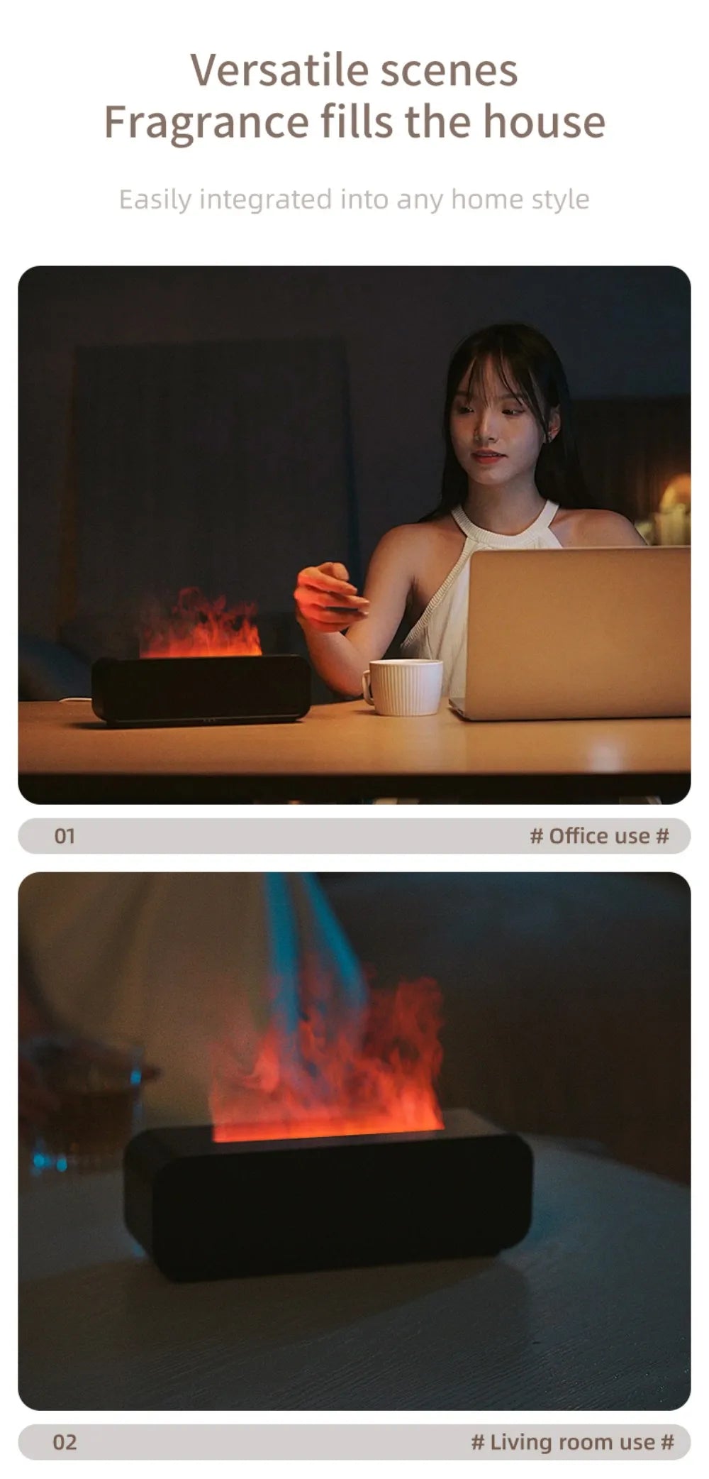 Luftbefeuchter mit Flammen-Aromatherapie-Diffusor, der ätherische Öle in 7 Farben aufnehmen kann, mit Timer und USB-Anschluss für den Schreibtisch.