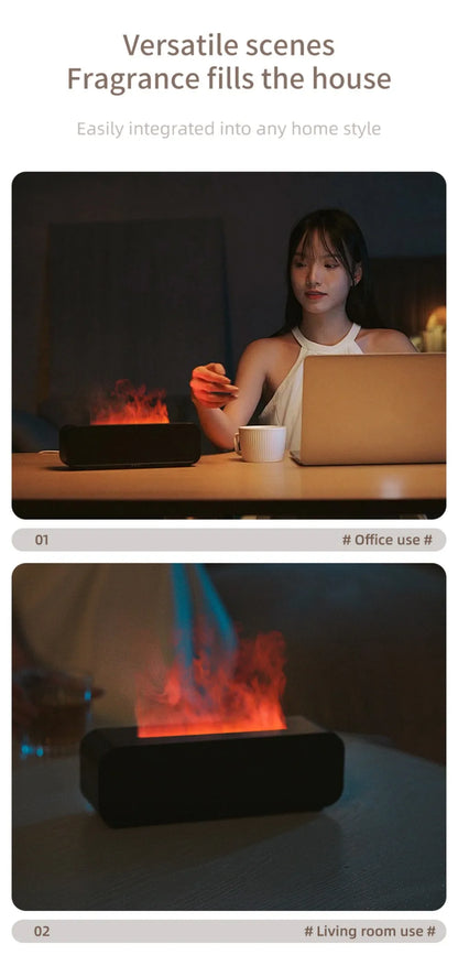 Luftbefeuchter mit Flammen-Aromatherapie-Diffusor, der ätherische Öle in 7 Farben aufnehmen kann, mit Timer und USB-Anschluss für den Schreibtisch.