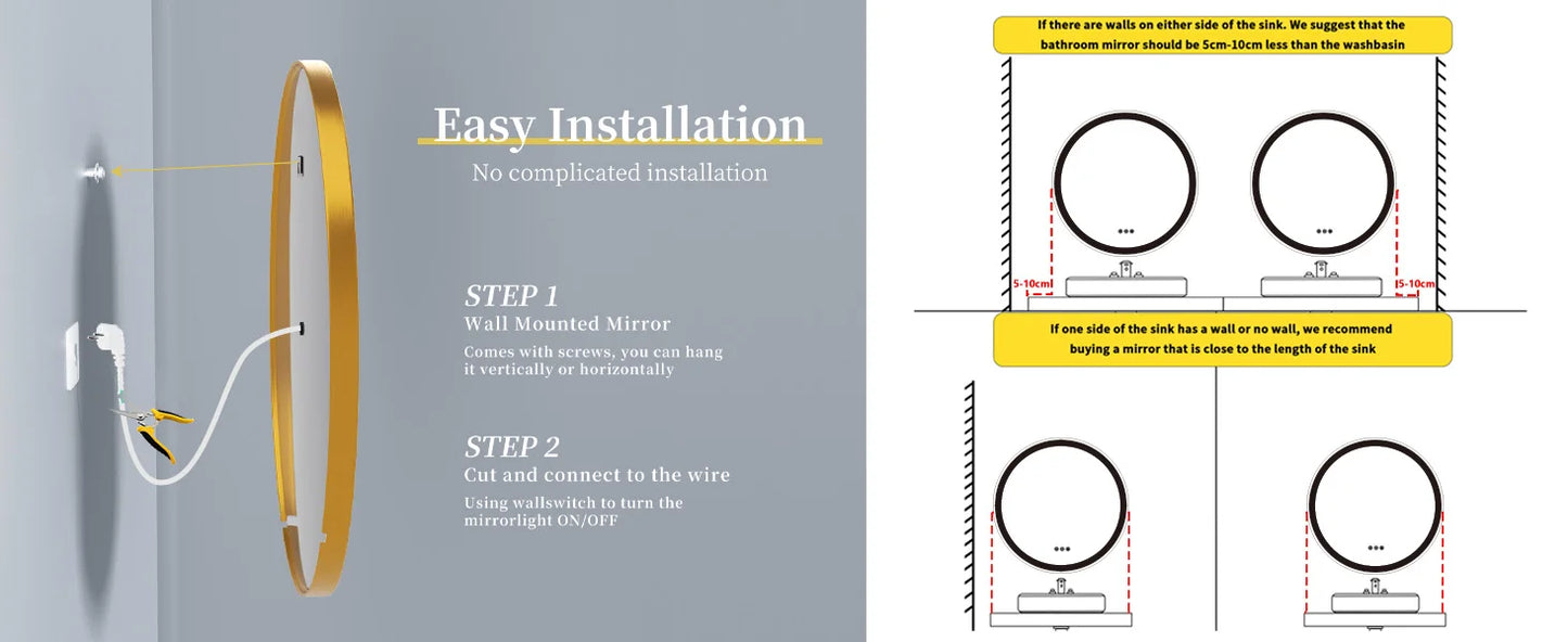 Bathroom Mirror with LED 60/80cm Round Illuminated Wall Mirror Aluminum Gold Frame Anti-fog 3 Lighting Color Memory Function