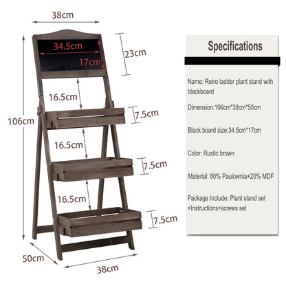 Folding Ladder 3 Tier Plant Stand Garden Flower Pot Holder Shelf with Chalkboard  A-Frame Sidewalk Menu Display