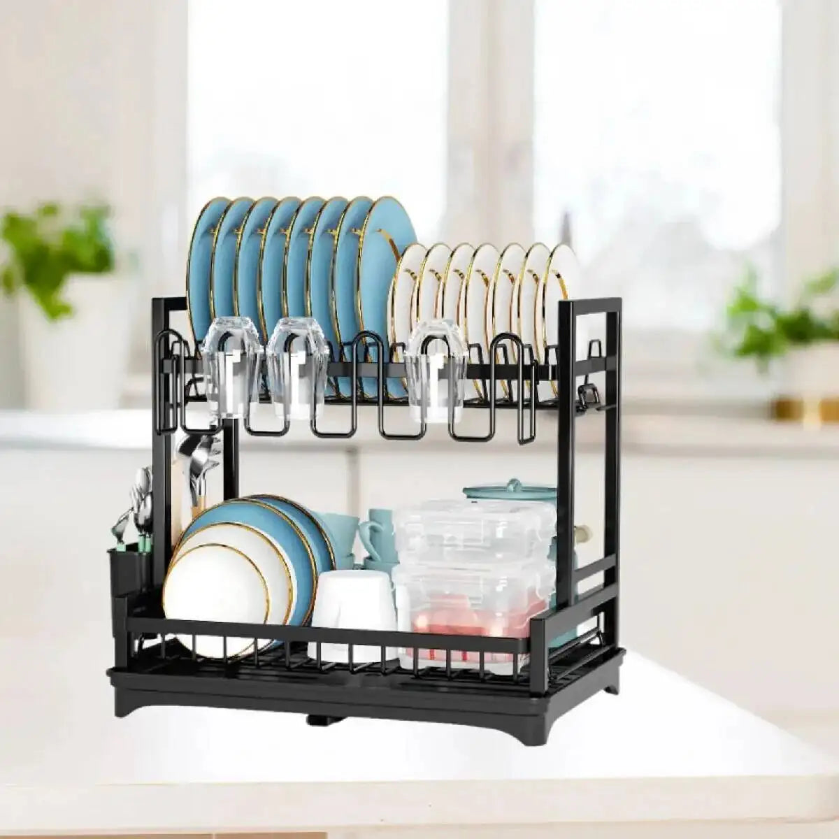 2 Tier Kitchen Sink Dish Drainer Rack With Drip Tray Cutlery Holder Plate Rack**