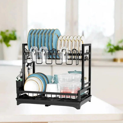 2 Tier Kitchen Sink Dish Drainer Rack With Drip Tray Cutlery Holder Plate Rack**