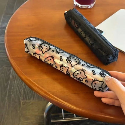 Sanrio Mesh Hello Kitty Black and White Pencil Case Zero Wallet Headphone Bag Girl's Portable Makeup Brush Storage Bag Gift