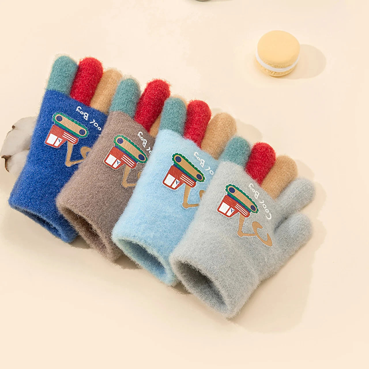 Kids Winter Gloves - Cute Excavator Cartoon Knitted Mittens for Boys & Girls (Ages 7-13)