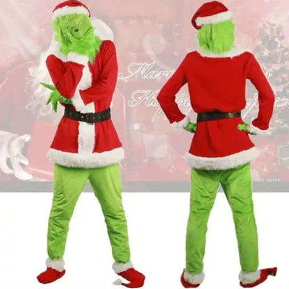 Grinch Christmas Costume for Adults Green Fleece Santa Suit with Red White Trim Festive Holiday Party Outfit Cosplay Full Set