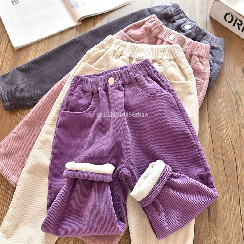 Kids Warm Pants Boy Girls Autumn Winter Corduroy Thick Outer Wear Sports Trousers 1-9Y Children Clothes Casual High Waist Pants