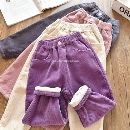 Kids Warm Pants Boy Girls Autumn Winter Corduroy Thick Outer Wear Sports Trousers 1-9Y Children Clothes Casual High Waist Pants