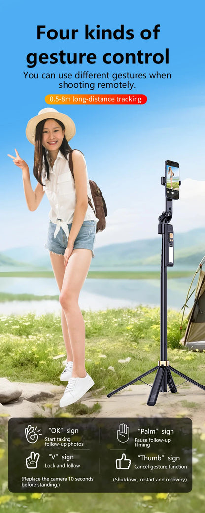 LISCN 1.8m 360 Gimbal Selfie Stick AI Intelligent Auto Face Tracking Tripod Stabilizer Phone Tripod with LED Fill Light