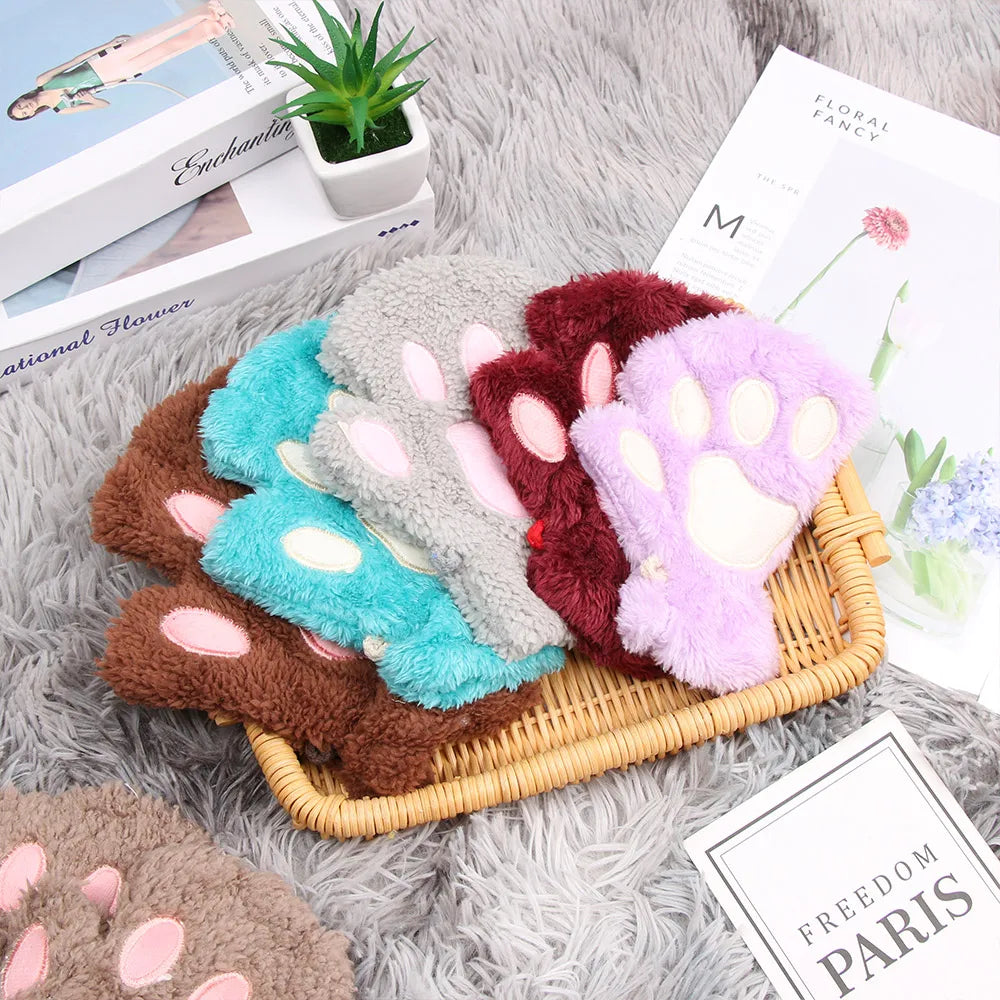 1Pair Winter Fluffy Cat Paw Children Gloves Cute Fingerless Warm Plush Mittens Fashion Warm Lovely Gloves for Girls 9 Colors
