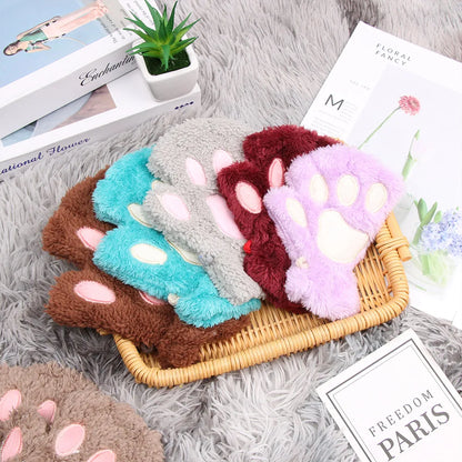 1Pair Winter Fluffy Cat Paw Children Gloves Cute Fingerless Warm Plush Mittens Fashion Warm Lovely Gloves for Girls 9 Colors