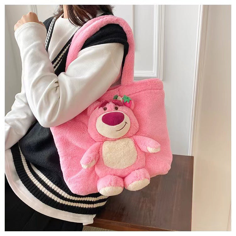 Disney 2025 New Cartoon Plush Doll Shoulder Bag Sweet and Cute Stitch Strawberry Bear Soft Cute Girls Handbag