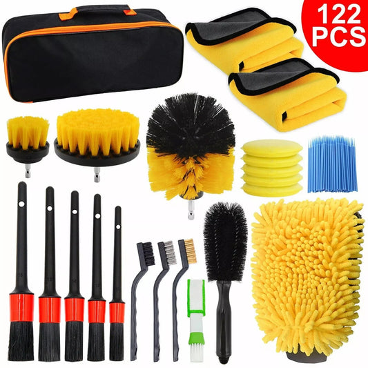 122Pcs Car Detailing Brush Kit Auto Interior Wheel Gap Drill Cleaning Tool Set