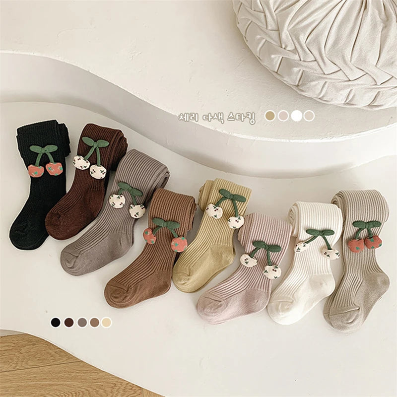 Girls Cotton Tights with Cherry Pattern - Soft Pantyhose for Kids Ages 2-10 Years