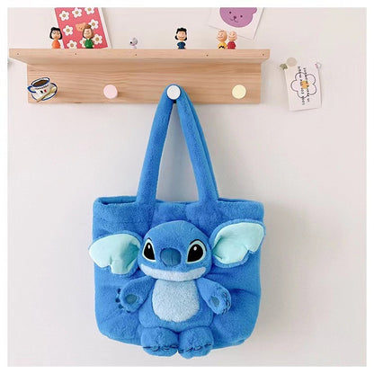 Disney 2025 New Cartoon Plush Doll Shoulder Bag Sweet and Cute Stitch Strawberry Bear Soft Cute Girls Handbag
