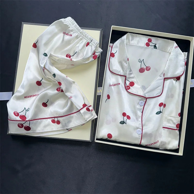 Cherry Print Pajamas Set for Women Summer Satin Two Piece Sleepwear Short Sleeve Shirt and Shorts Casual Fashion Homewear