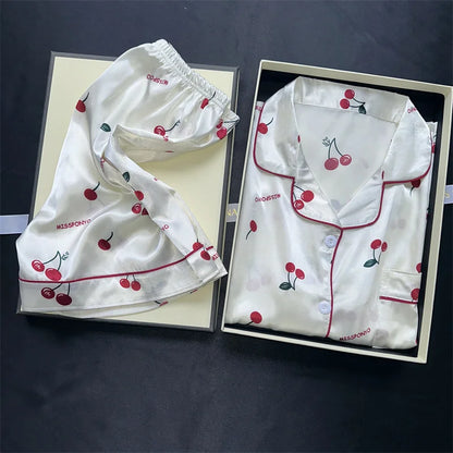 Cherry Print Pajamas Set for Women Summer Satin Two Piece Sleepwear Short Sleeve Shirt and Shorts Casual Fashion Homewear