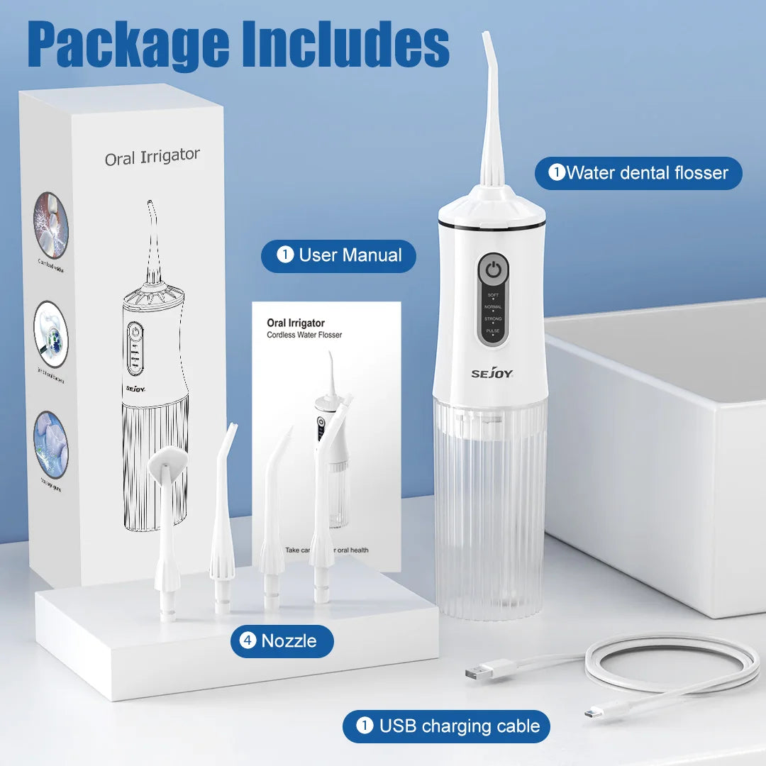 Sejoy Electric Water Flosser 200ML Water Tank Tooth Clean Machine USB Rechargeable Dental Irrigator 4 Cleaning Modes Timing