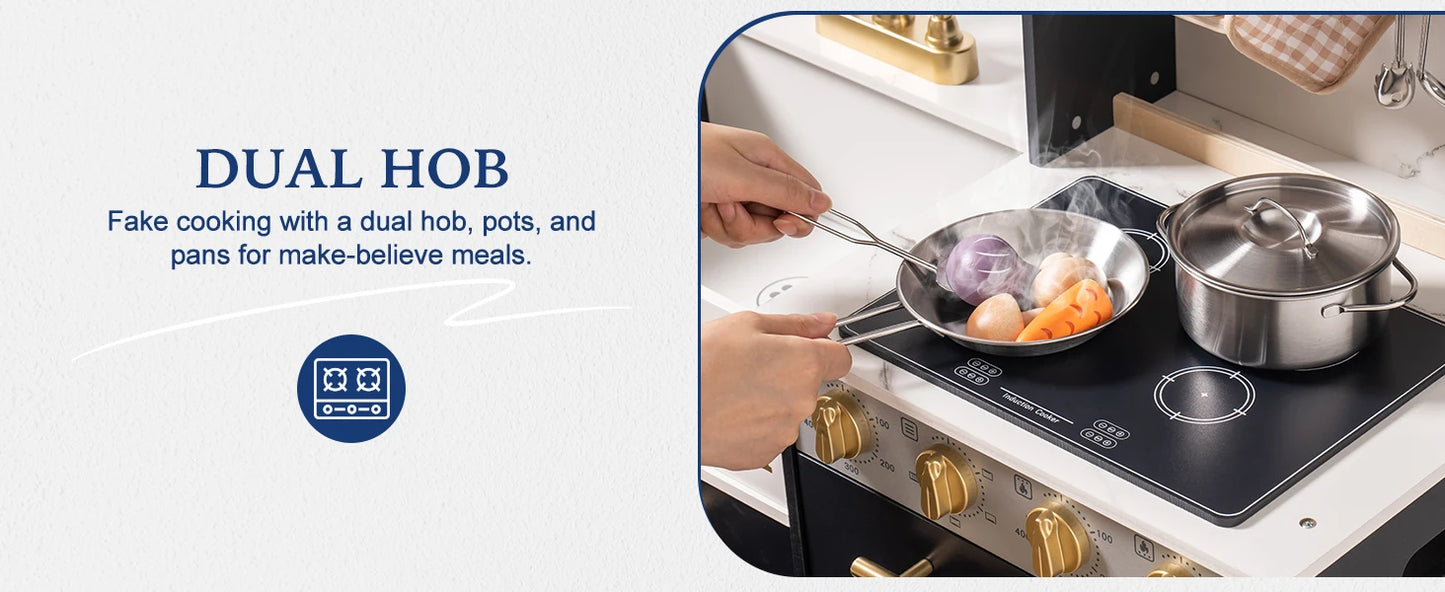 ROBOTIME Wooden Play Kitchen Toy Kitchen Set with Ice Maker and Coffee Machine Realistic Kitchen Set Gift for Toddlers