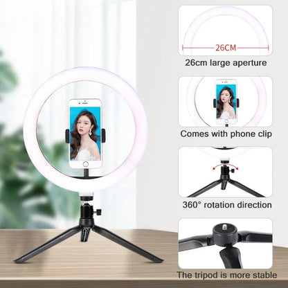 10" 26cm Dimmable LED Ring Light Kit with Tripod – 120 Beads USB Selfie & Live Streaming Lamp for Photography, Video & Makeup