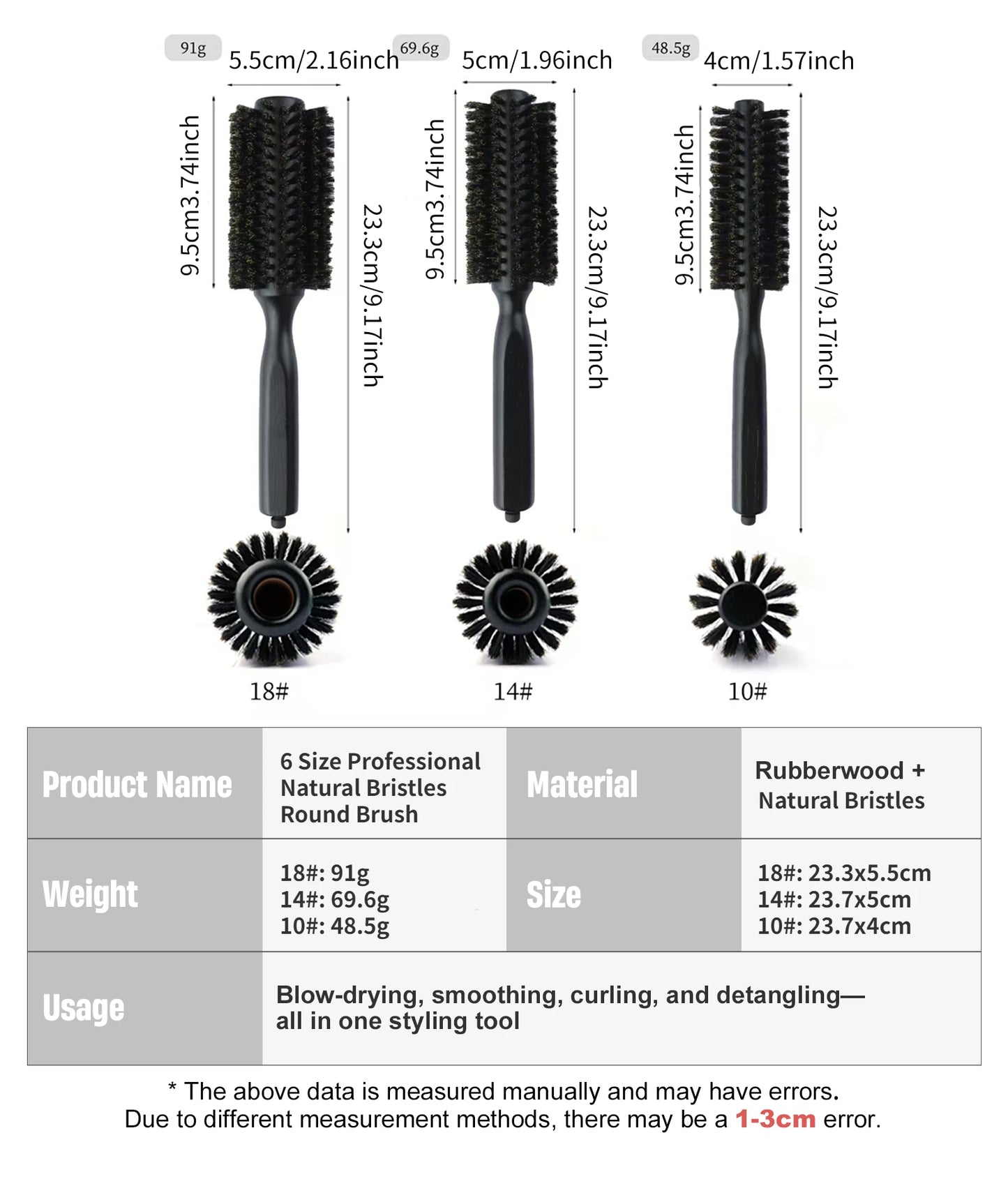 6 Sizes Boar Bristle Round Hair Brush Curly Hair Styling Comb Professional Removable Tail Barber Hairdresser Round Rolling Comb
