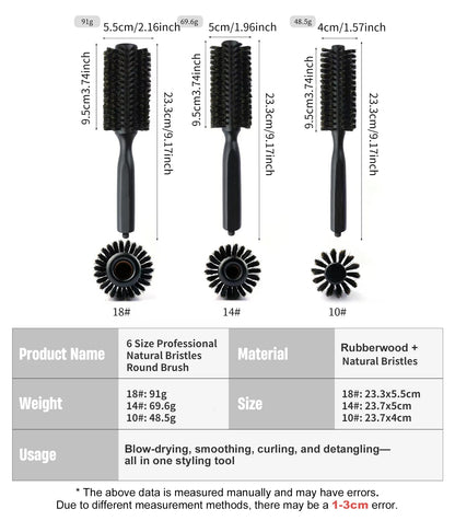 6 Sizes Boar Bristle Round Hair Brush Curly Hair Styling Comb Professional Removable Tail Barber Hairdresser Round Rolling Comb